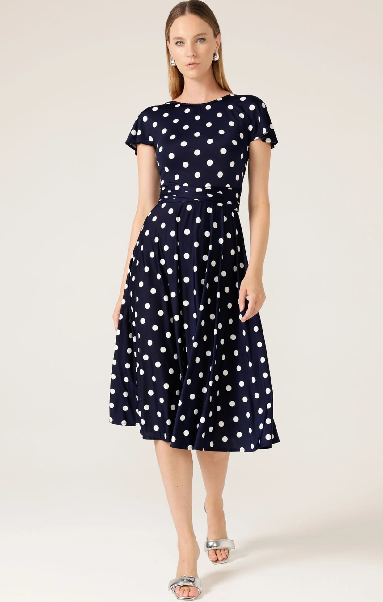 REVERSE WRAP MIDI DRESS IN NAVY WHITE SPOT - Image 3