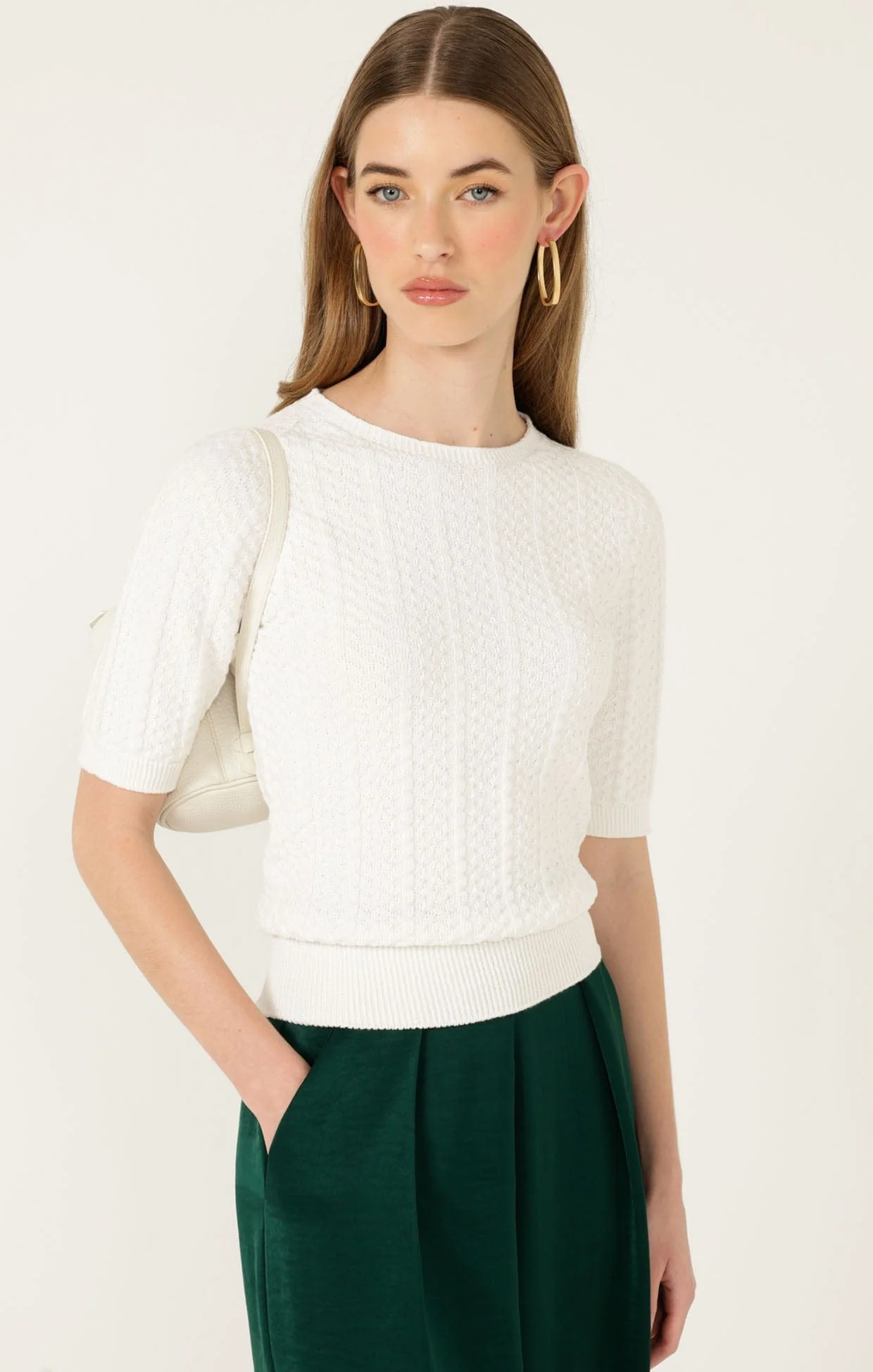 SHORT SLEEVE CHEVRON KNIT TOP IN IVORY - Image 6