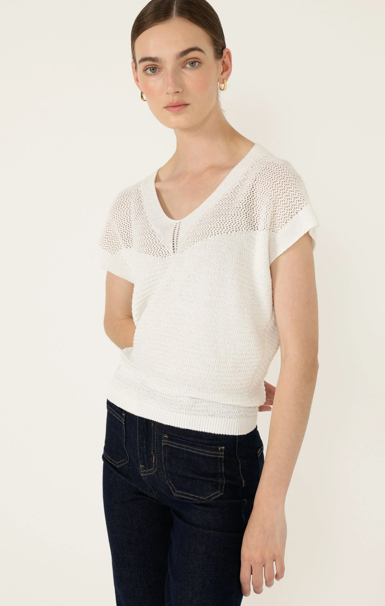 V NECK MESH KNIT TOP IN ICE WATER - Image 3
