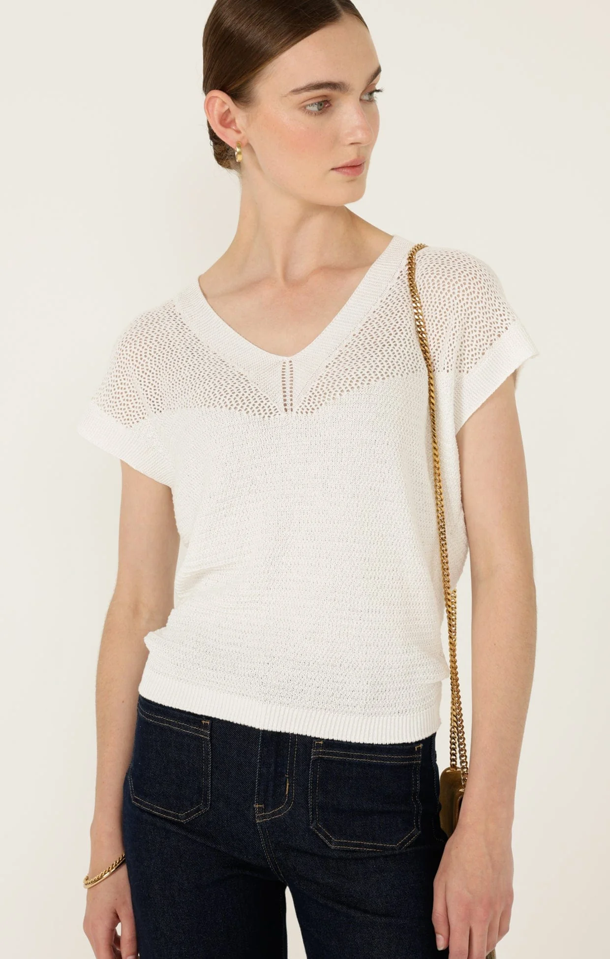 V NECK MESH KNIT TOP IN ICE WATER - Image 5