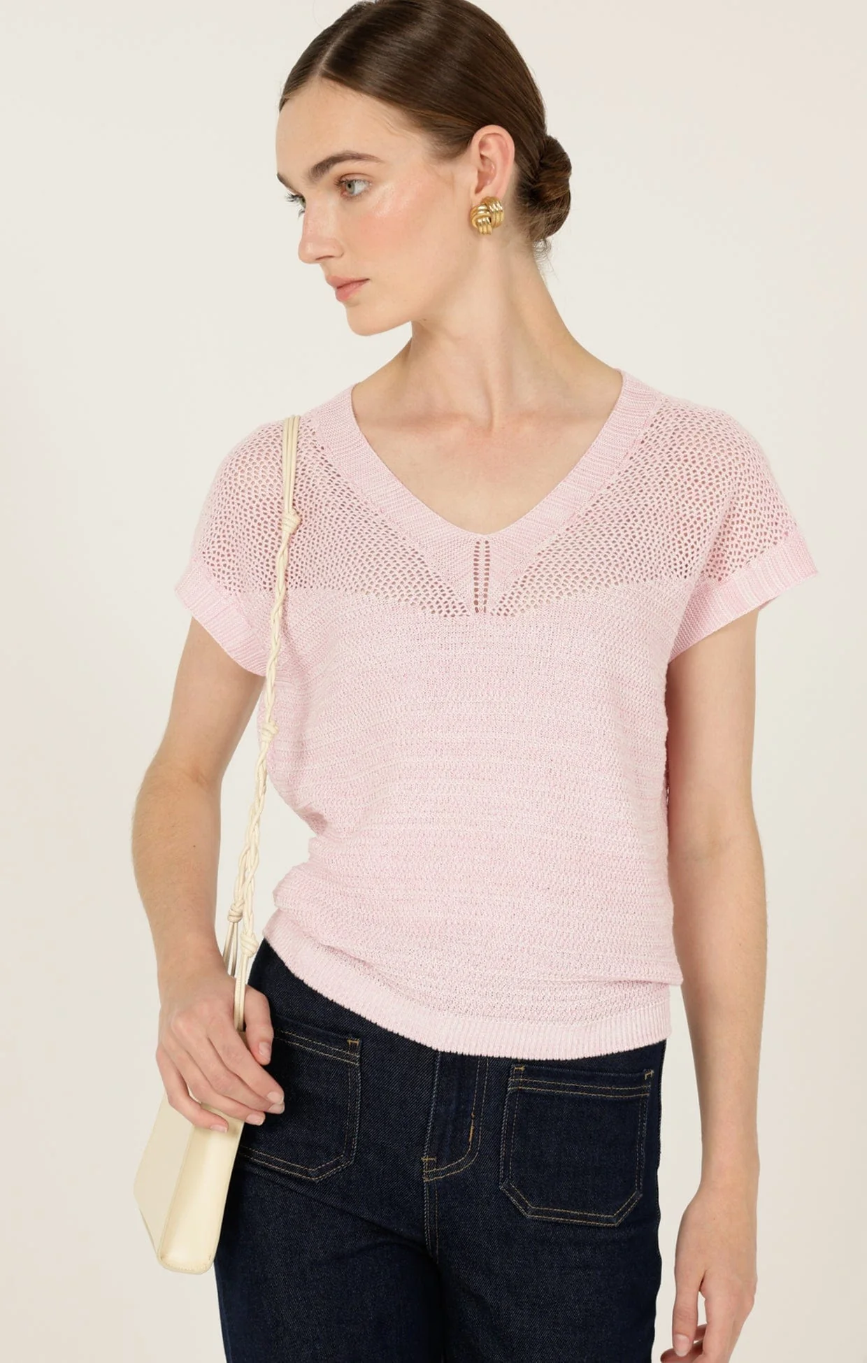 V NECK MESH KNIT TOP IN WILD ROSE - Image 3