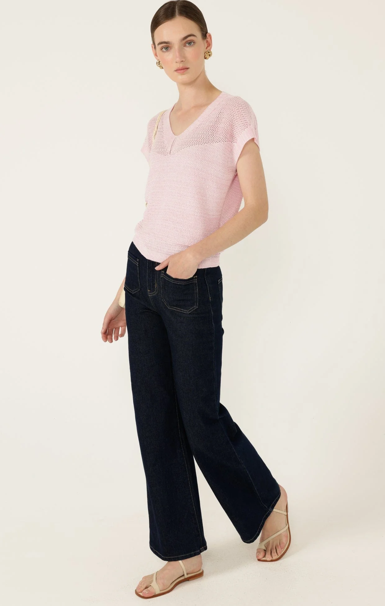 V NECK MESH KNIT TOP IN WILD ROSE - Image 4